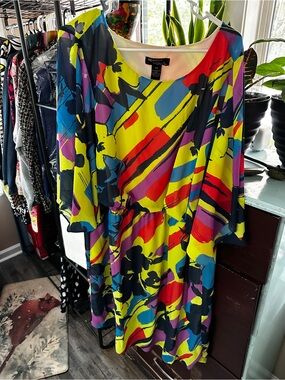 Robbie Bee Neon Yellow Multicolor Abstract Midi Dress